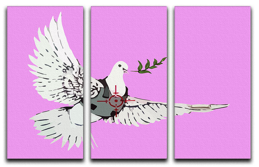 Banksy Peace Dove Purple 3 Split Panel Canvas Print showcasing a dove in purple hues, ideal for modern decor.