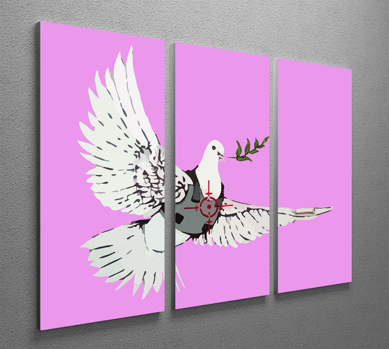 Banksy Peace Dove Purple 3 Split Panel Canvas Print showcasing a dove in purple hues, ideal for modern decor.