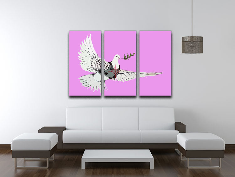 Banksy Peace Dove Purple 3 Split Panel Canvas Print showcasing a dove in purple hues, ideal for modern decor.