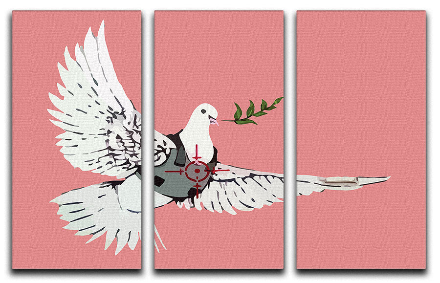 Banksy Peace Dove Red 3 Split Panel Canvas Print showcasing a vibrant dove design across three panels.