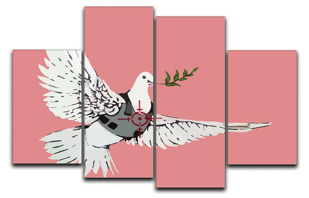 Banksy Peace Dove Red 4 Split Panel Canvas artwork featuring a dove in vibrant red, divided into four equal panels for a dynamic display.