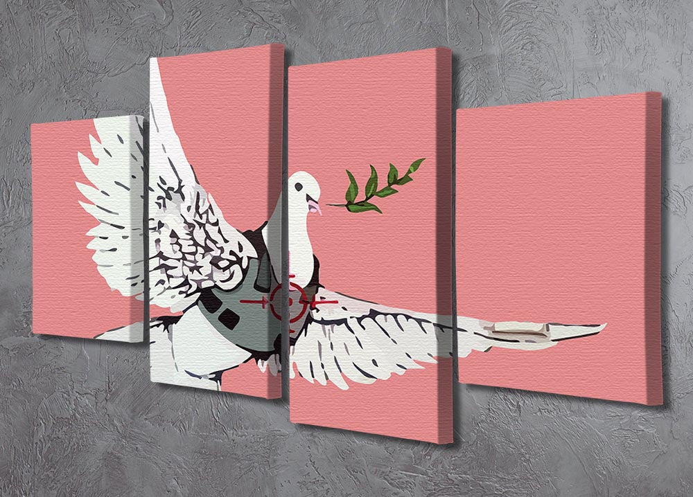 Banksy Peace Dove Red 4 Split Panel Canvas artwork featuring a dove in vibrant red, divided into four equal panels for a dynamic display.
