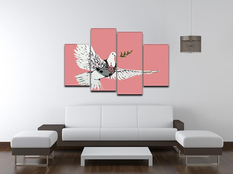 Banksy Peace Dove Red 4 Split Panel Canvas artwork featuring a dove in vibrant red, divided into four equal panels for a dynamic display.