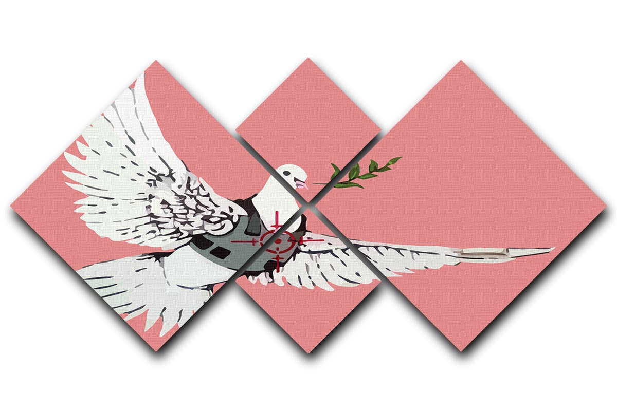 Banksy Peace Dove Red 4 Square Multi Panel Canvas artwork featuring a dove in vibrant red, divided into four equal panels.