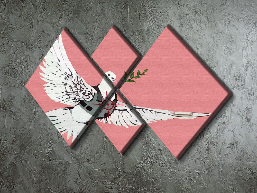 Banksy Peace Dove Red 4 Square Multi Panel Canvas artwork featuring a dove in vibrant red, divided into four equal panels.