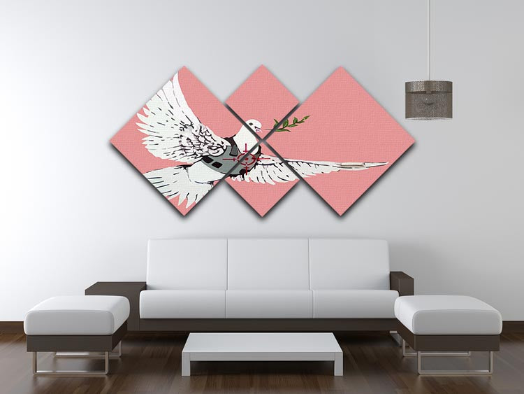 Banksy Peace Dove Red 4 Square Multi Panel Canvas artwork featuring a dove in vibrant red, divided into four equal panels.