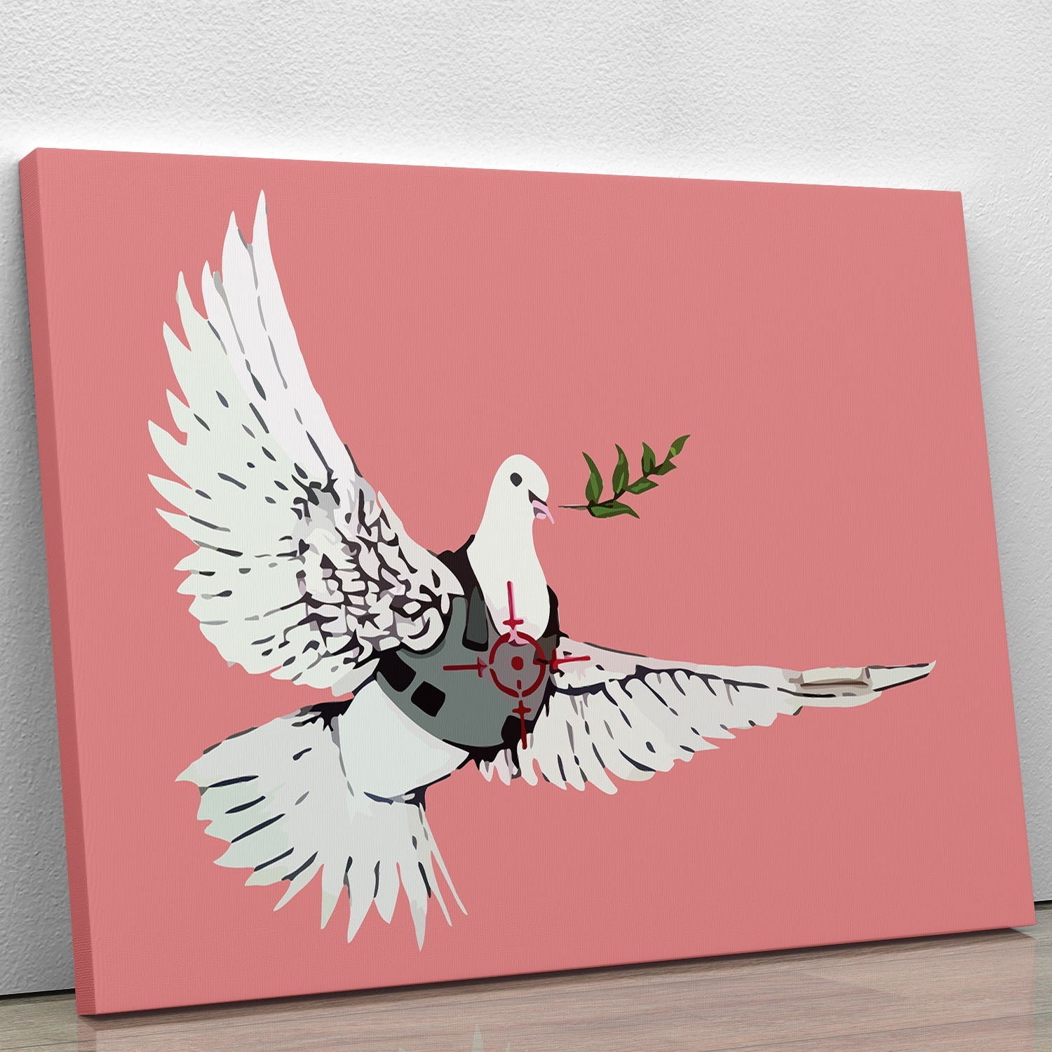 Banksy Peace Dove Red Canvas Print featuring a dove symbolizing peace against a vibrant red background.