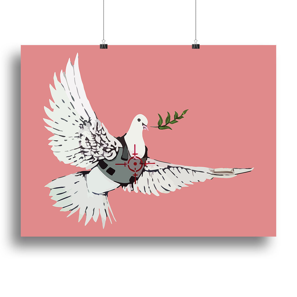 Banksy Peace Dove Red Canvas Print featuring a dove symbolizing peace against a vibrant red background.