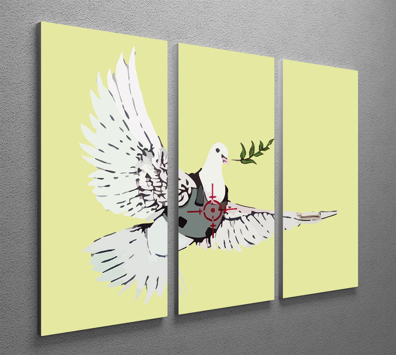 Banksy Peace Dove Yellow 3 Split Panel Canvas Print showcasing vibrant colors and intricate details, perfect for modern decor.