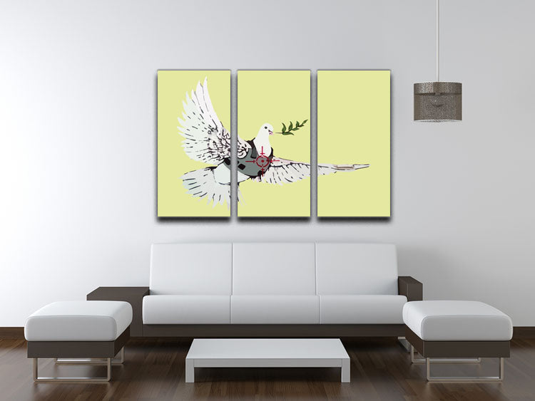 Banksy Peace Dove Yellow 3 Split Panel Canvas Print showcasing vibrant colors and intricate details, perfect for modern decor.