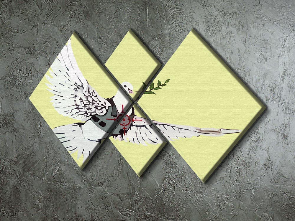 Banksy Peace Dove Yellow 4 Square Multi Panel Canvas artwork featuring a dove in vibrant yellow, divided into four equal panels.