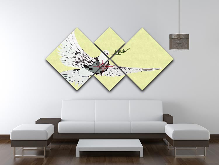 Banksy Peace Dove Yellow 4 Square Multi Panel Canvas artwork featuring a dove in vibrant yellow, divided into four equal panels.