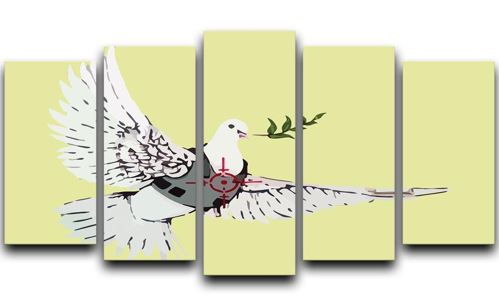 Banksy Peace Dove Yellow 5 Split Panel Canvas artwork featuring a vibrant yellow dove symbolizing peace, divided into five dynamic panels.