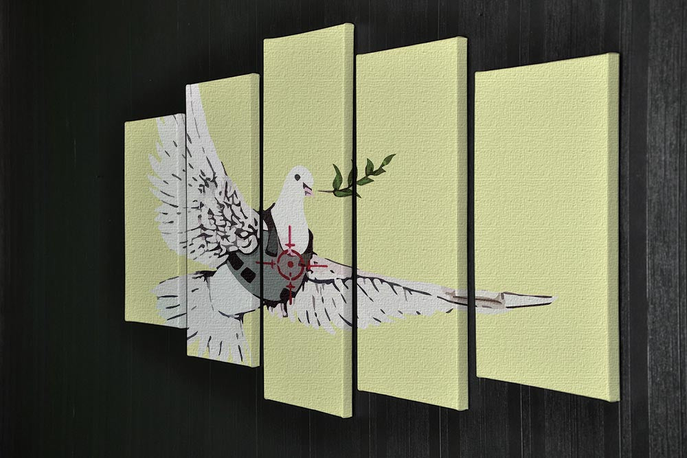 Banksy Peace Dove Yellow 5 Split Panel Canvas artwork featuring a vibrant yellow dove symbolizing peace, divided into five dynamic panels.