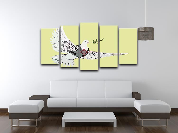 Banksy Peace Dove Yellow 5 Split Panel Canvas artwork featuring a vibrant yellow dove symbolizing peace, divided into five dynamic panels.