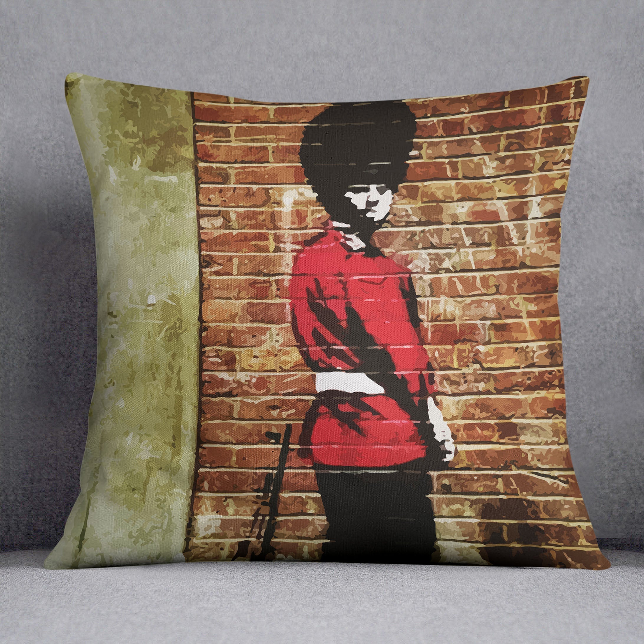 Banksy Pissing London Soldier Cushion featuring vibrant colors and abstract design on luxurious vegan faux suede.