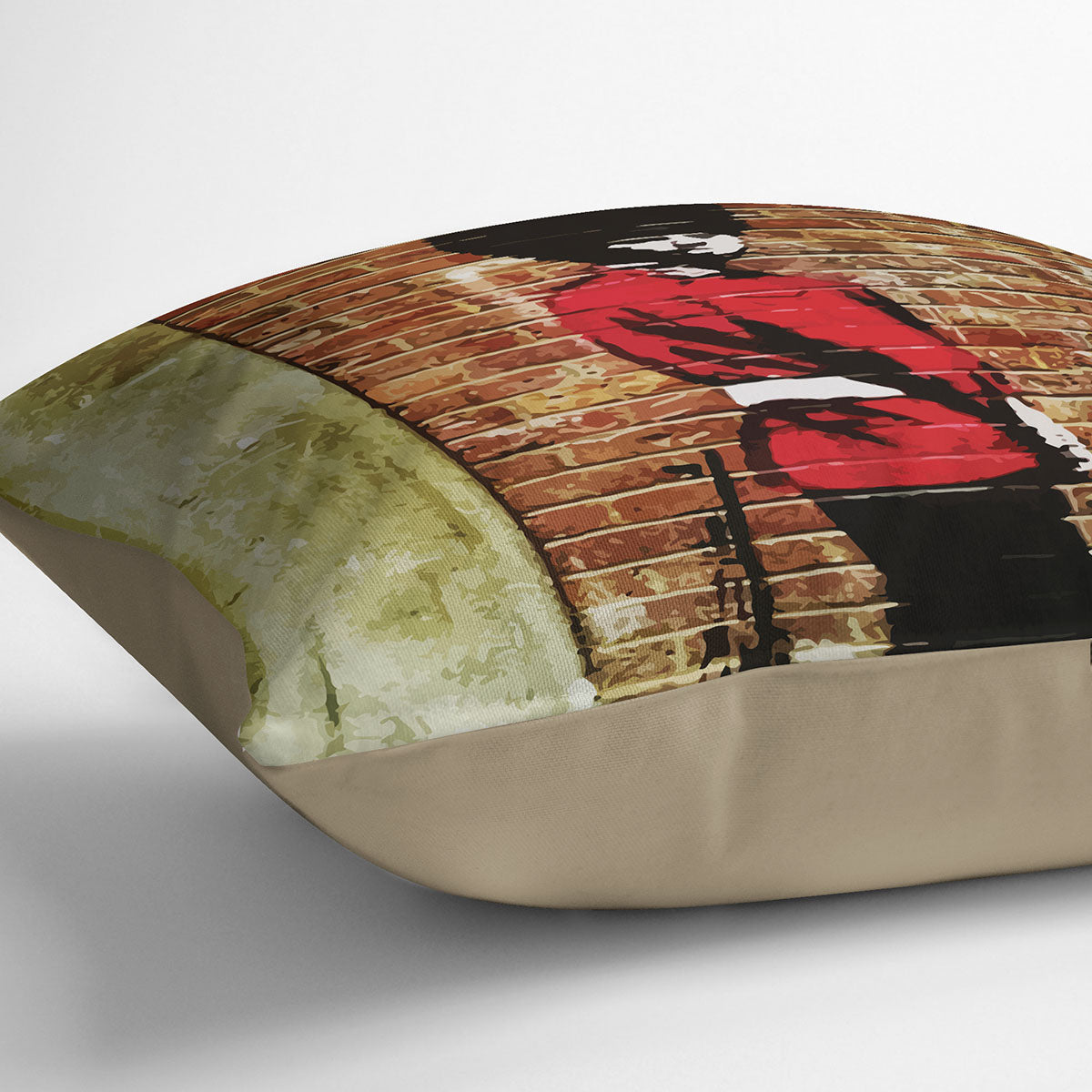 Banksy Pissing London Soldier Cushion featuring vibrant colors and abstract design on luxurious vegan faux suede.