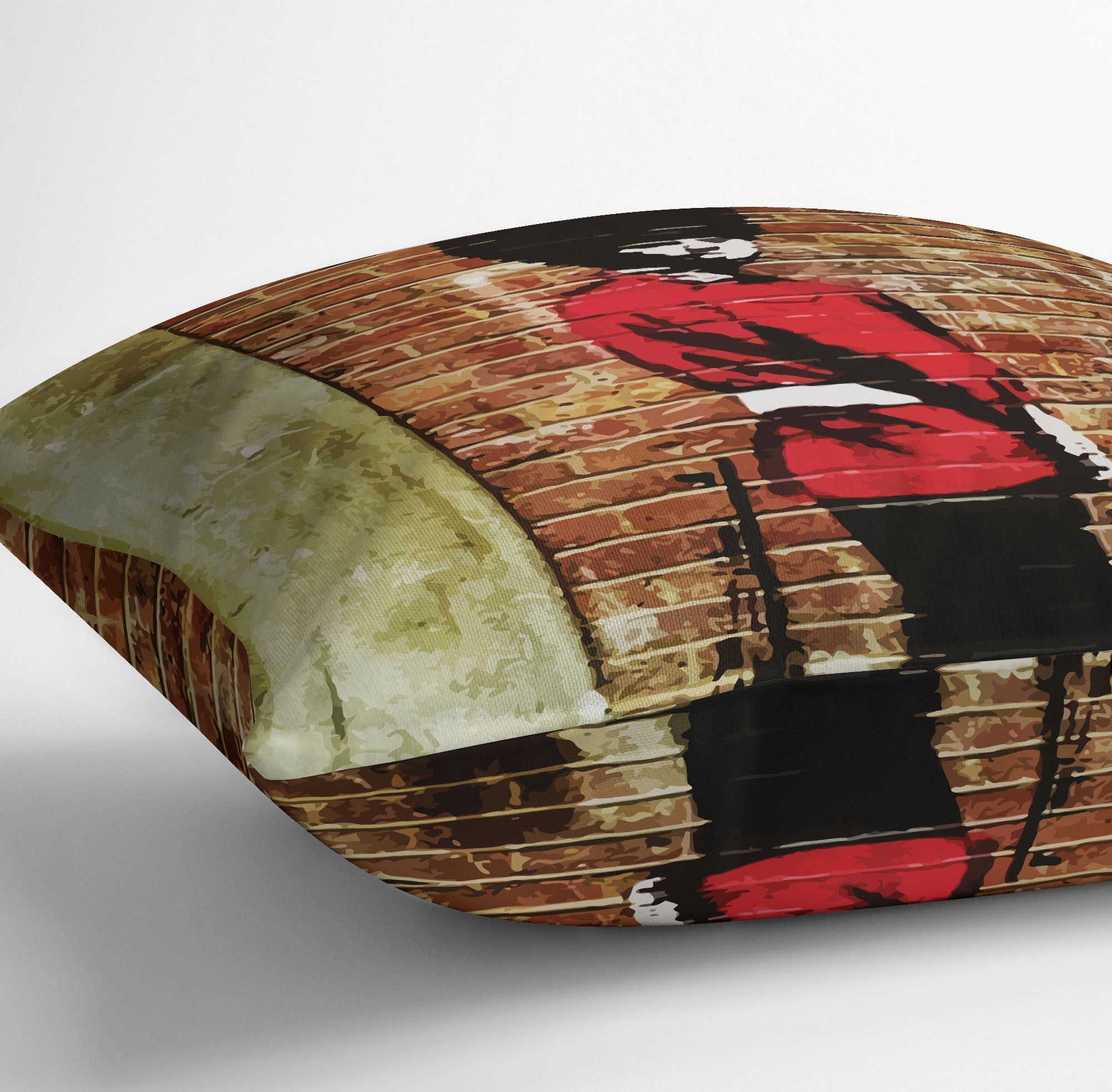 Banksy Pissing London Soldier Cushion featuring vibrant colors and abstract design on luxurious vegan faux suede.