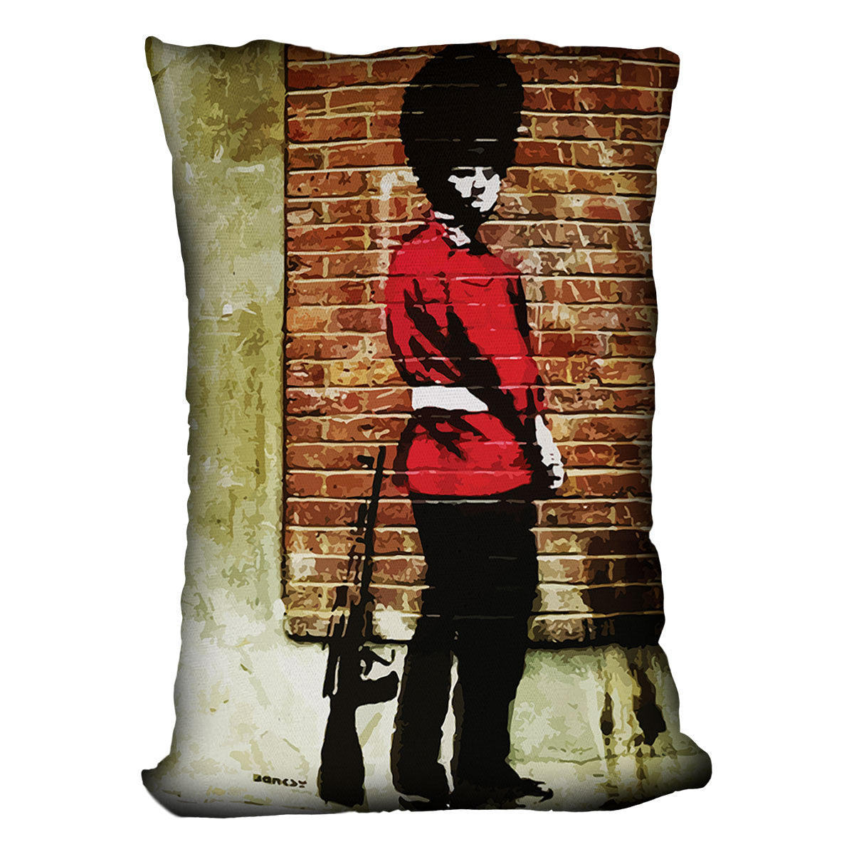 Banksy Pissing London Soldier Cushion featuring vibrant colors and abstract design on luxurious vegan faux suede.