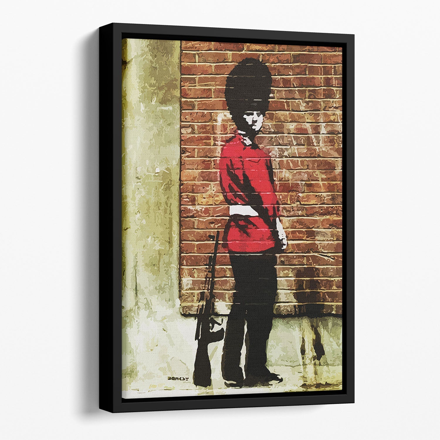 Banksy Pissing London Soldier Floating Framed Canvas showcasing vibrant colors and unique design in a handcrafted frame.