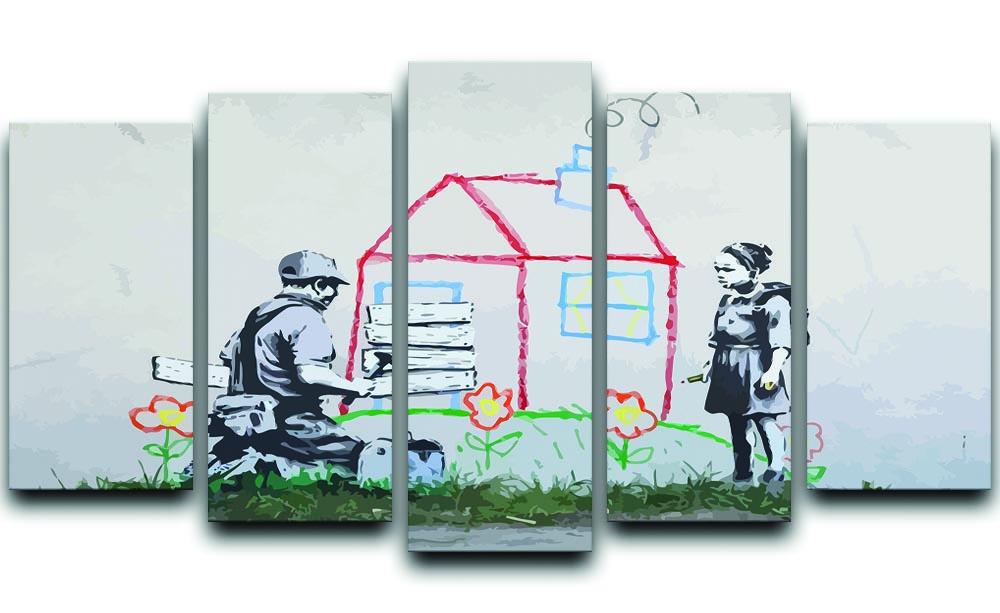 Banksy Play House 5 Split Panel Canvas artwork featuring five panels with a cohesive design, perfect for home decor.