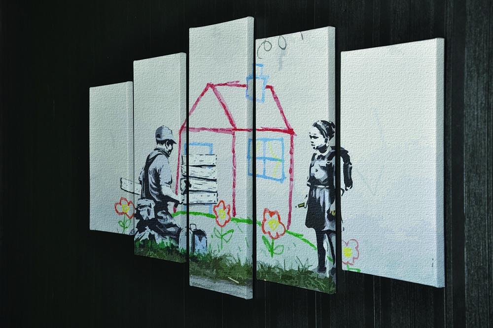 Banksy Play House 5 Split Panel Canvas artwork featuring five panels with a cohesive design, perfect for home decor.