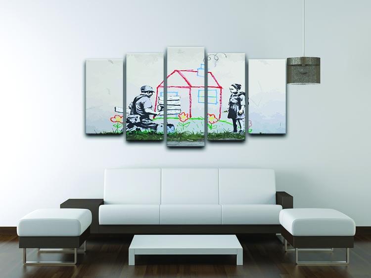 Banksy Play House 5 Split Panel Canvas artwork featuring five panels with a cohesive design, perfect for home decor.