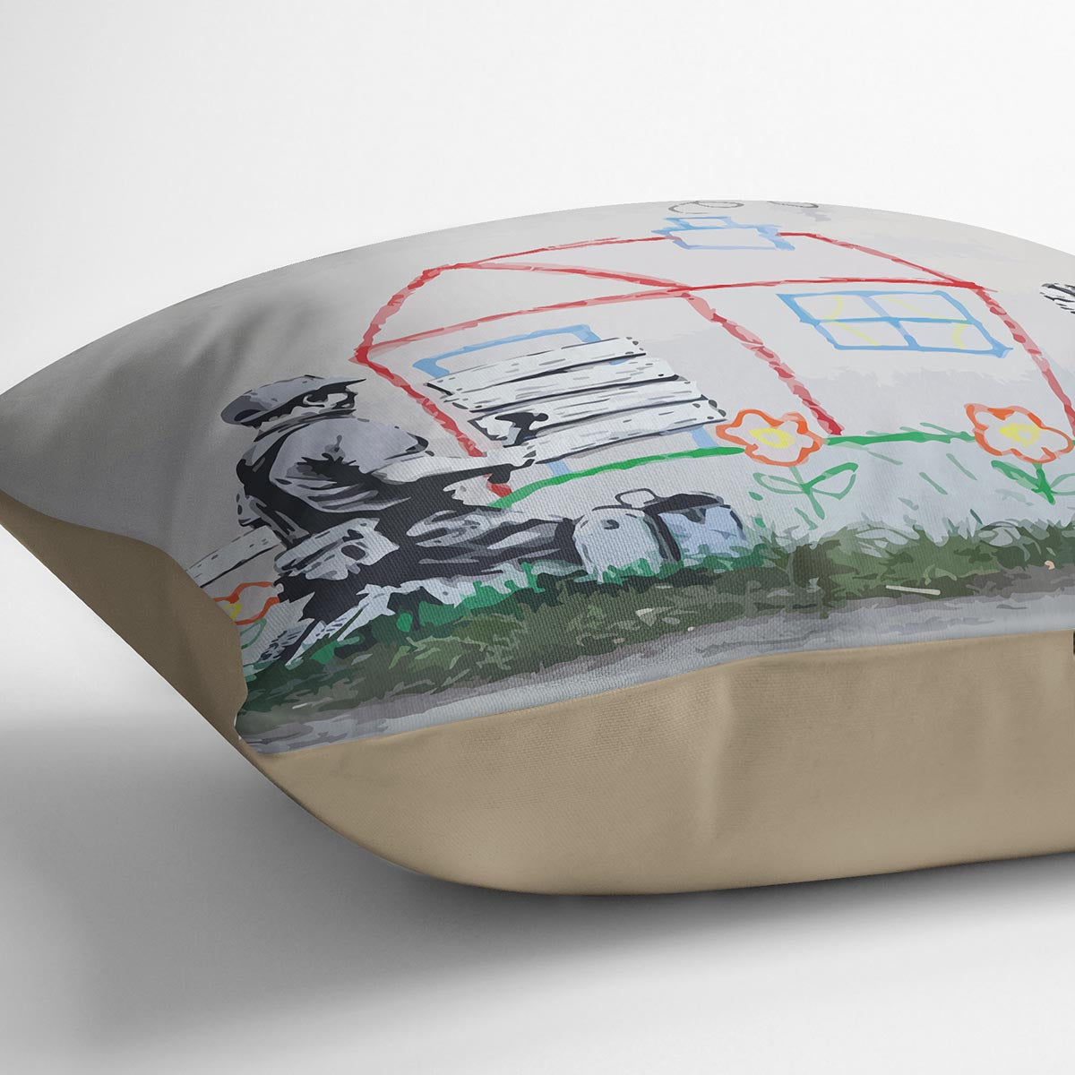 Banksy Play House Cushion featuring vibrant abstract designs on luxurious vegan faux suede, perfect for home decor.