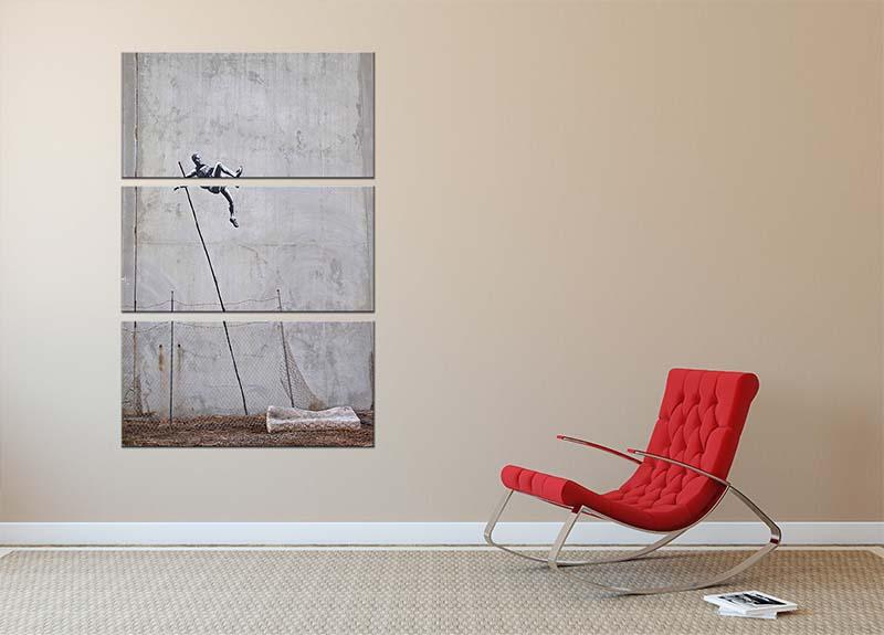 Banksy Pole Vaulter 3 Split Panel Canvas Print showcasing vibrant colors and modern art style.