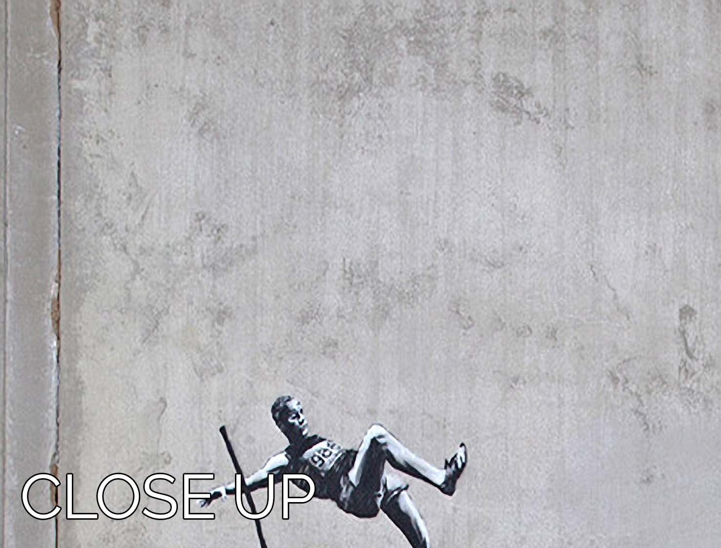 Banksy Pole Vaulter 3 Split Panel Canvas Print showcasing vibrant colors and modern art style.