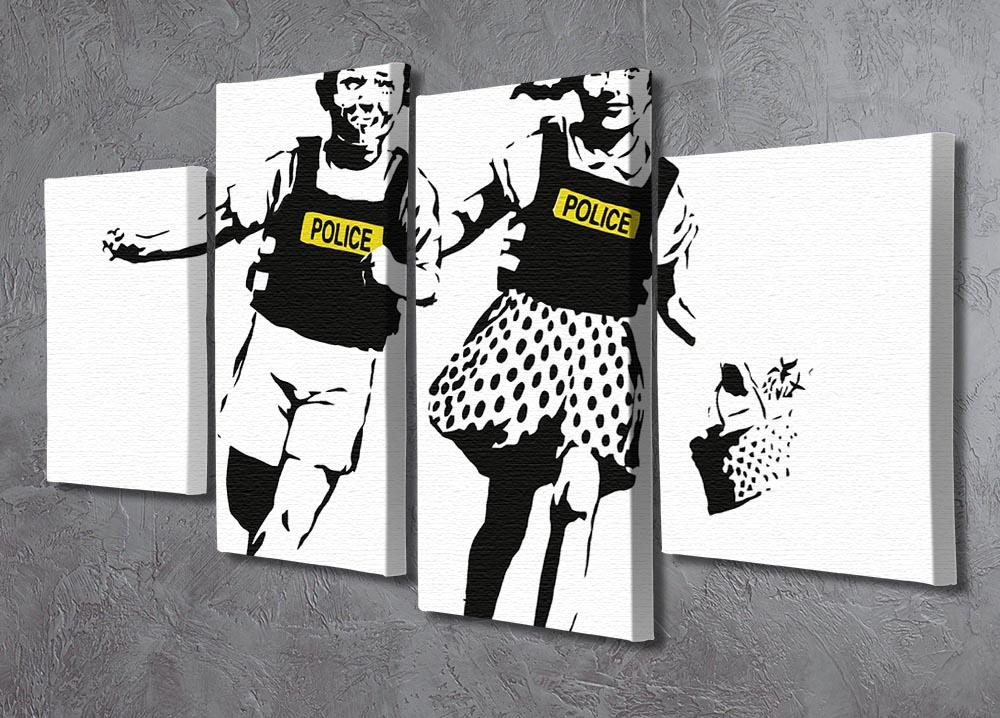 Banksy Police Kids 4 Split Panel Canvas artwork featuring four panels with a cohesive design, showcasing dynamic street art style.