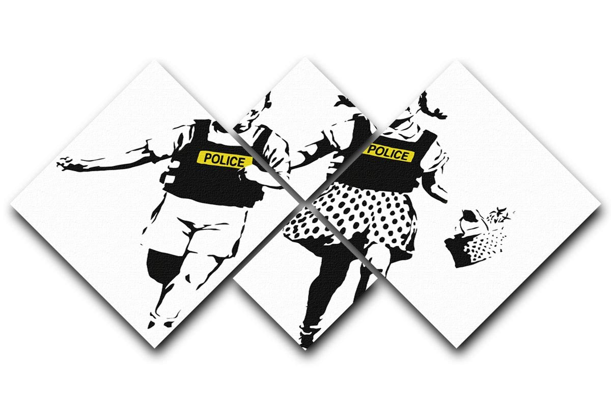 Banksy Police Kids 4 Square Multi Panel Canvas artwork featuring four distinct panels with vibrant colors and street art style.