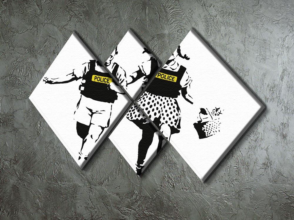 Banksy Police Kids 4 Square Multi Panel Canvas artwork featuring four distinct panels with vibrant colors and street art style.