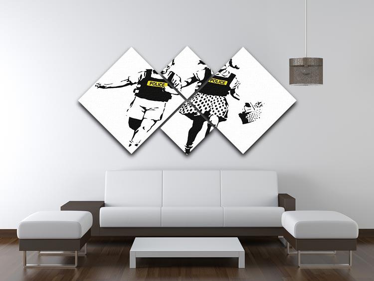 Banksy Police Kids 4 Square Multi Panel Canvas artwork featuring four distinct panels with vibrant colors and street art style.
