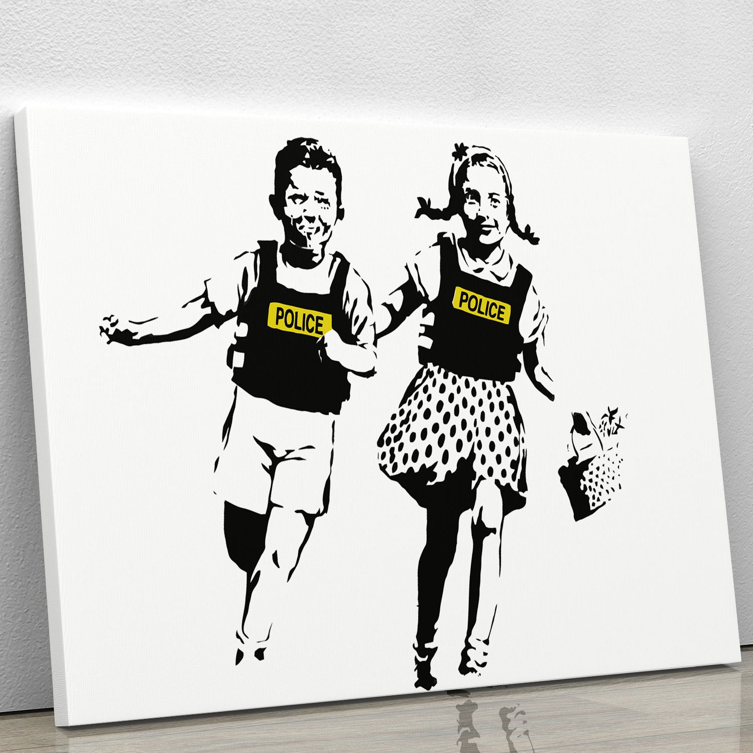 Banksy Police Kids canvas print featuring children and a police officer, showcasing modern street art style.