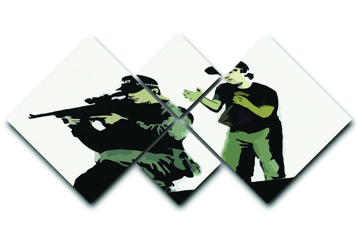Banksy Police Sniper 4 Square Multi Panel Canvas artwork featuring four equal panels with striking imagery.
