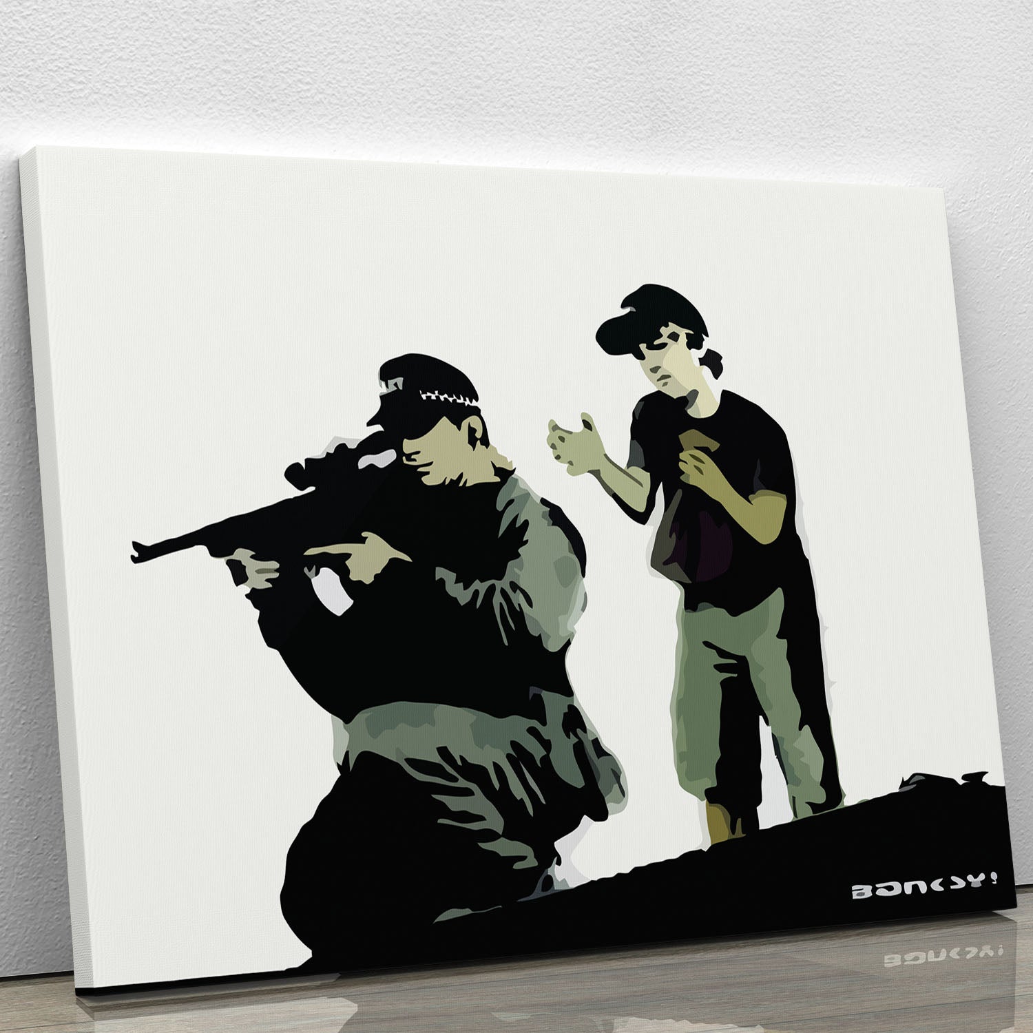 Banksy Police Sniper canvas print featuring a striking depiction of a police sniper in a modern art style.