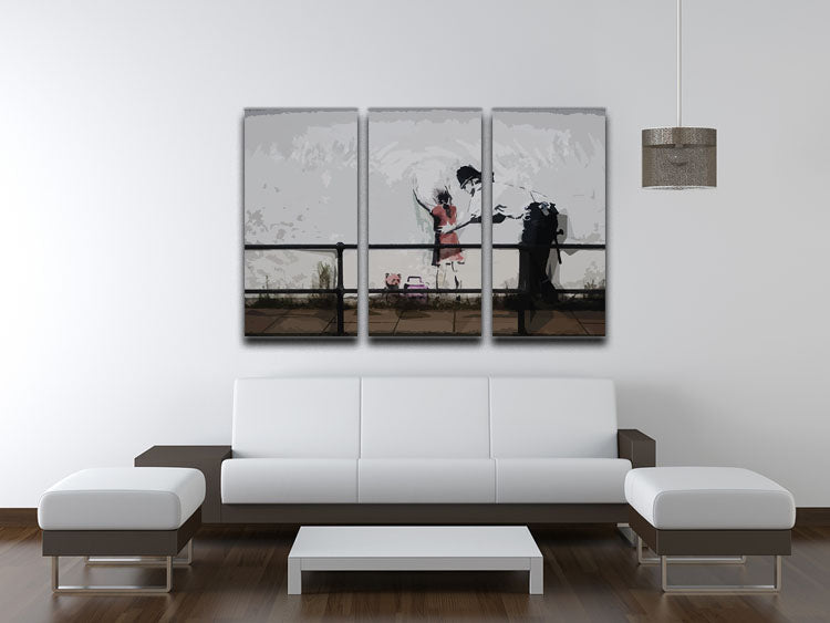 Banksy Policeman Searching Girl 3 Split Panel Canvas Print featuring three panels with striking modern art design.