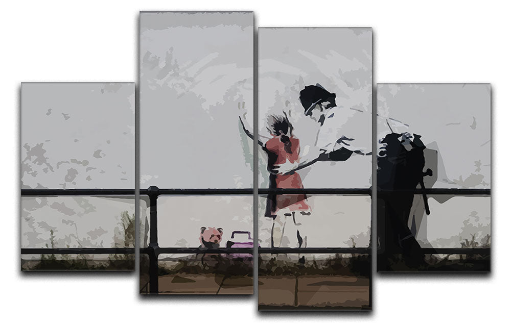 Banksy Policeman Searching Girl 4 Split Panel Canvas artwork displayed in a modern setting, showcasing four panels that create a cohesive image.