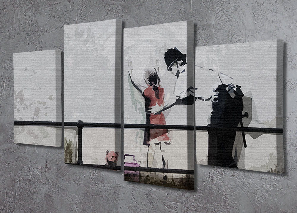 Banksy Policeman Searching Girl 4 Split Panel Canvas artwork displayed in a modern setting, showcasing four panels that create a cohesive image.