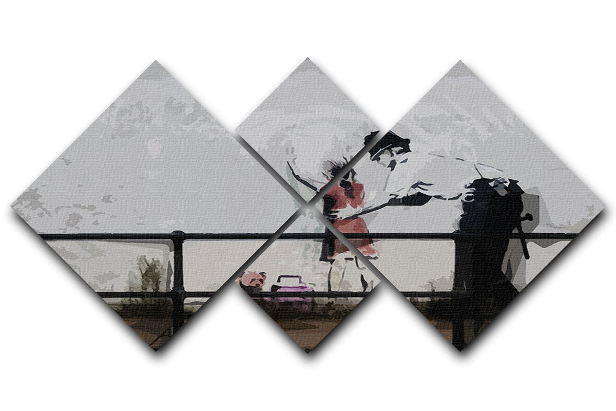 Banksy Policeman Searching Girl 4 Square Multi Panel Canvas artwork featuring a policeman and a girl, divided into four equal panels.