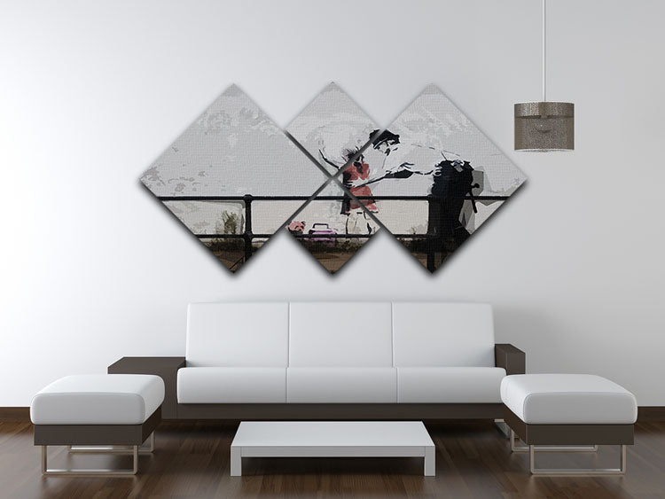 Banksy Policeman Searching Girl 4 Square Multi Panel Canvas artwork featuring a policeman and a girl, divided into four equal panels.