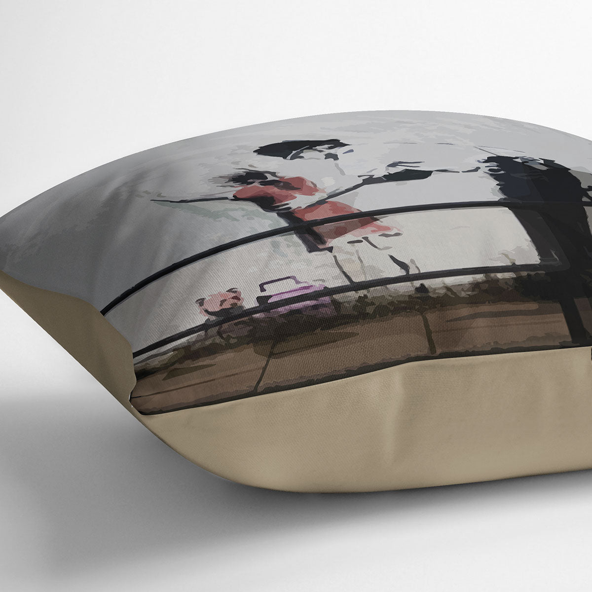 Banksy Policeman Searching Girl Cushion featuring vibrant colors and luxurious vegan faux suede material, perfect for home decor.