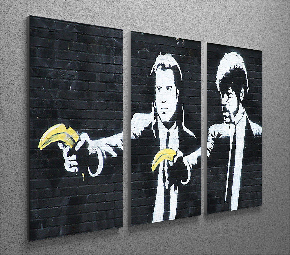 Banksy Pulp Fiction Banana Guns 3 Split Canvas Print featuring vibrant colors and playful design across three panels.