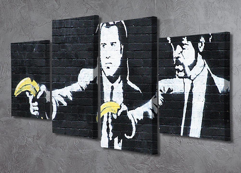 Banksy Pulp Fiction Banana Guns 4 Split Panel Canvas artwork featuring a banana and gun motif, divided into four panels for dynamic display.