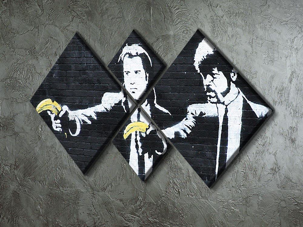Banksy Pulp Fiction Banana Guns 4 Square Multi Panel Canvas artwork featuring four panels with vibrant colors and playful banana gun imagery.