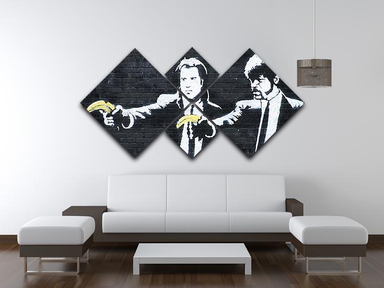 Banksy Pulp Fiction Banana Guns 4 Square Multi Panel Canvas artwork featuring four panels with vibrant colors and playful banana gun imagery.