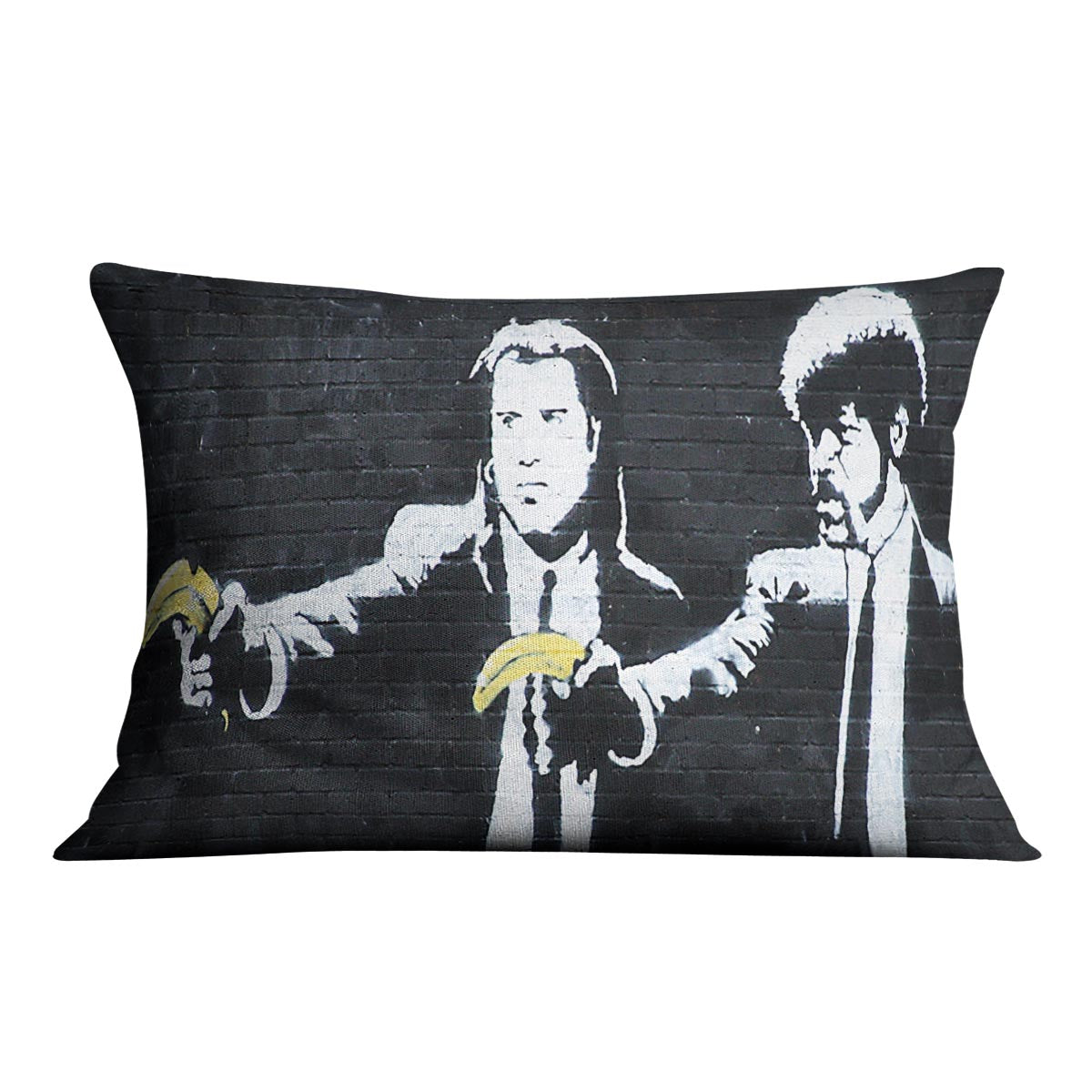 Banksy Pulp Fiction Banana Guns Cushion featuring vibrant banana gun design on luxurious vegan faux suede.
