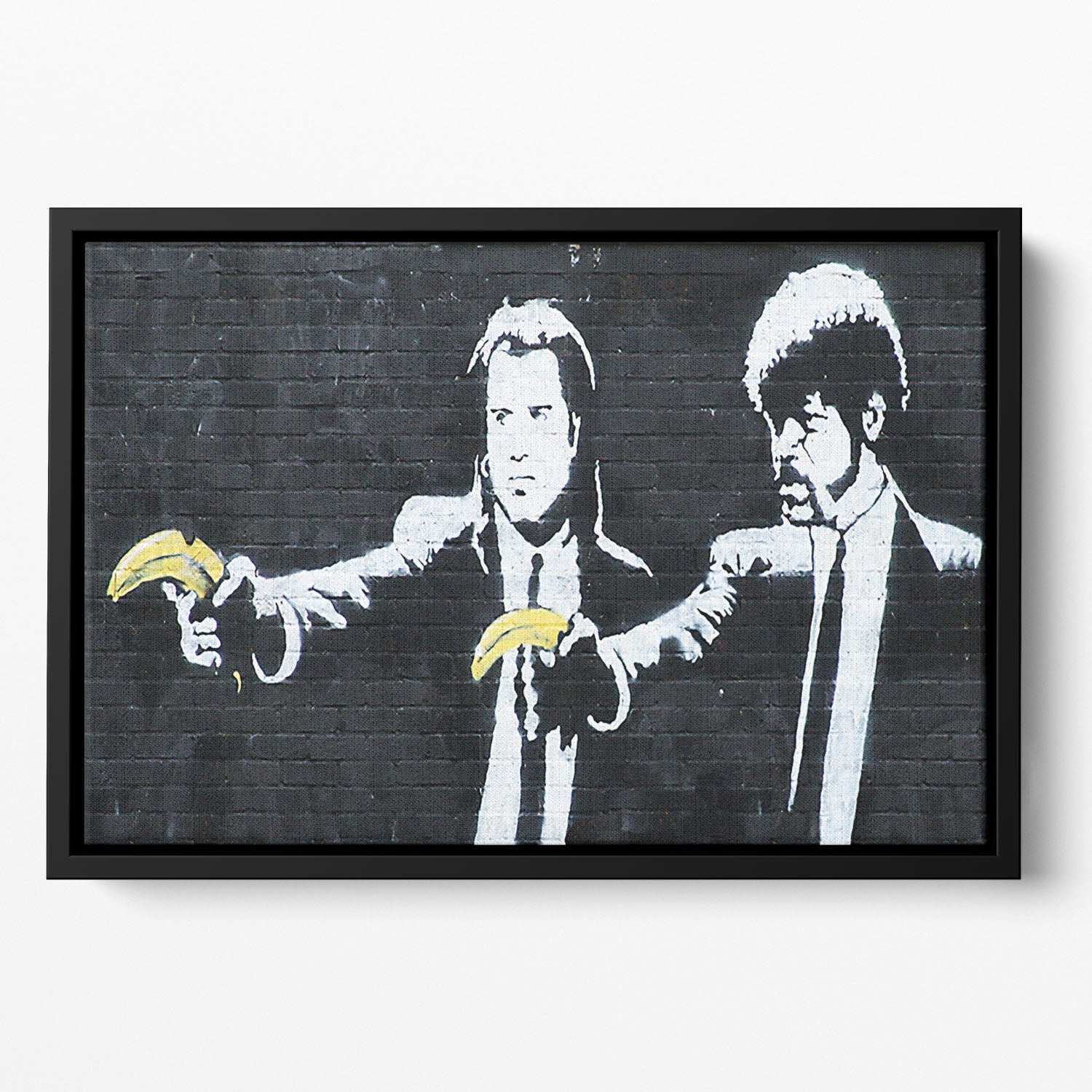 Banksy Pulp Fiction Banana Guns Floating Framed Canvas art piece with vibrant colors and a unique design, elegantly framed to create a floating effect.