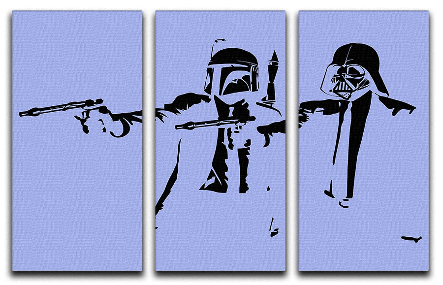 Banksy Pulp Fiction Star Wars Blue 3 Split Panel Canvas Print showcasing vibrant colors and modern art design.